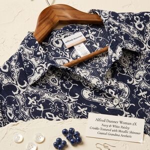 Alfred Dunner 2X Paisley Button Down Crinkle Metallic Blue White 3/4 Sleeve